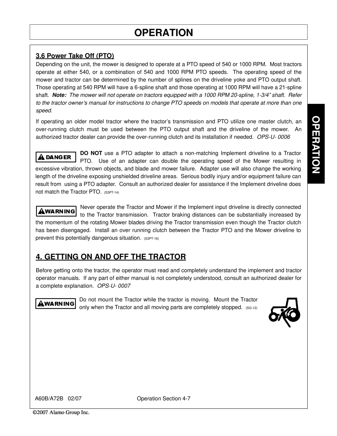 Alamo A60B, A72B, 00759354C manual Getting On And Off The Tractor, Power Take Off PTO, Operation 