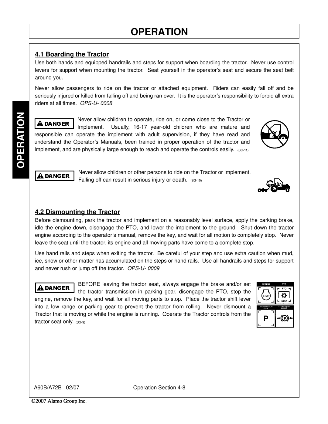 Alamo A72B, A60B, 00759354C manual Boarding the Tractor, Dismounting the Tractor, Operation 