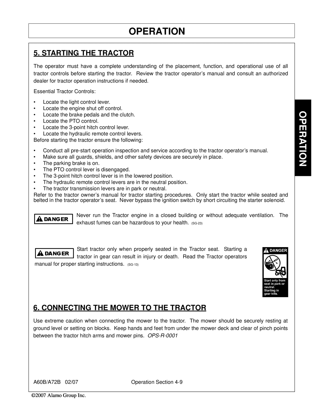 Alamo 00759354C, A60B, A72B manual Starting The Tractor, Connecting The Mower To The Tractor, Operation 