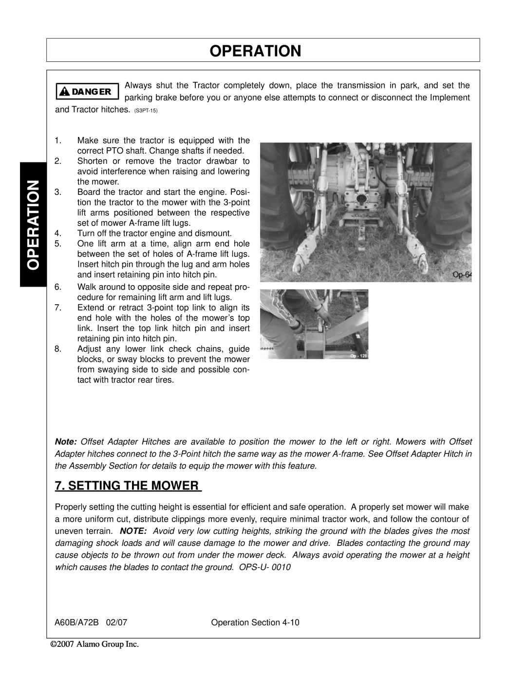 Alamo A60B, A72B, 00759354C manual Setting The Mower, Operation 