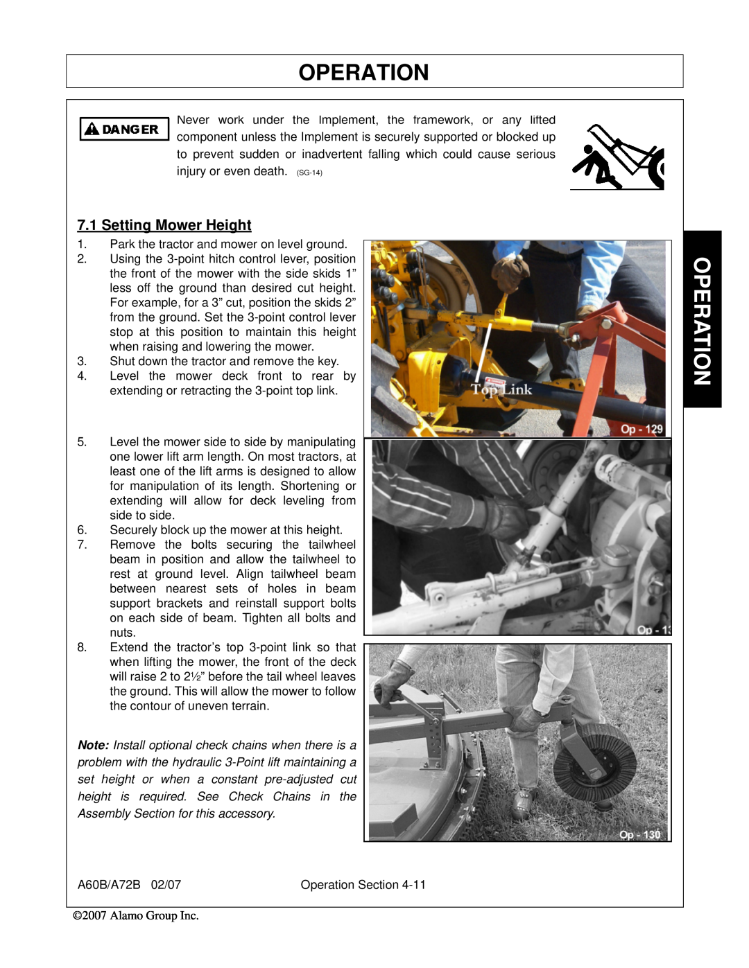 Alamo A72B, A60B, 00759354C manual Setting Mower Height, Operation 