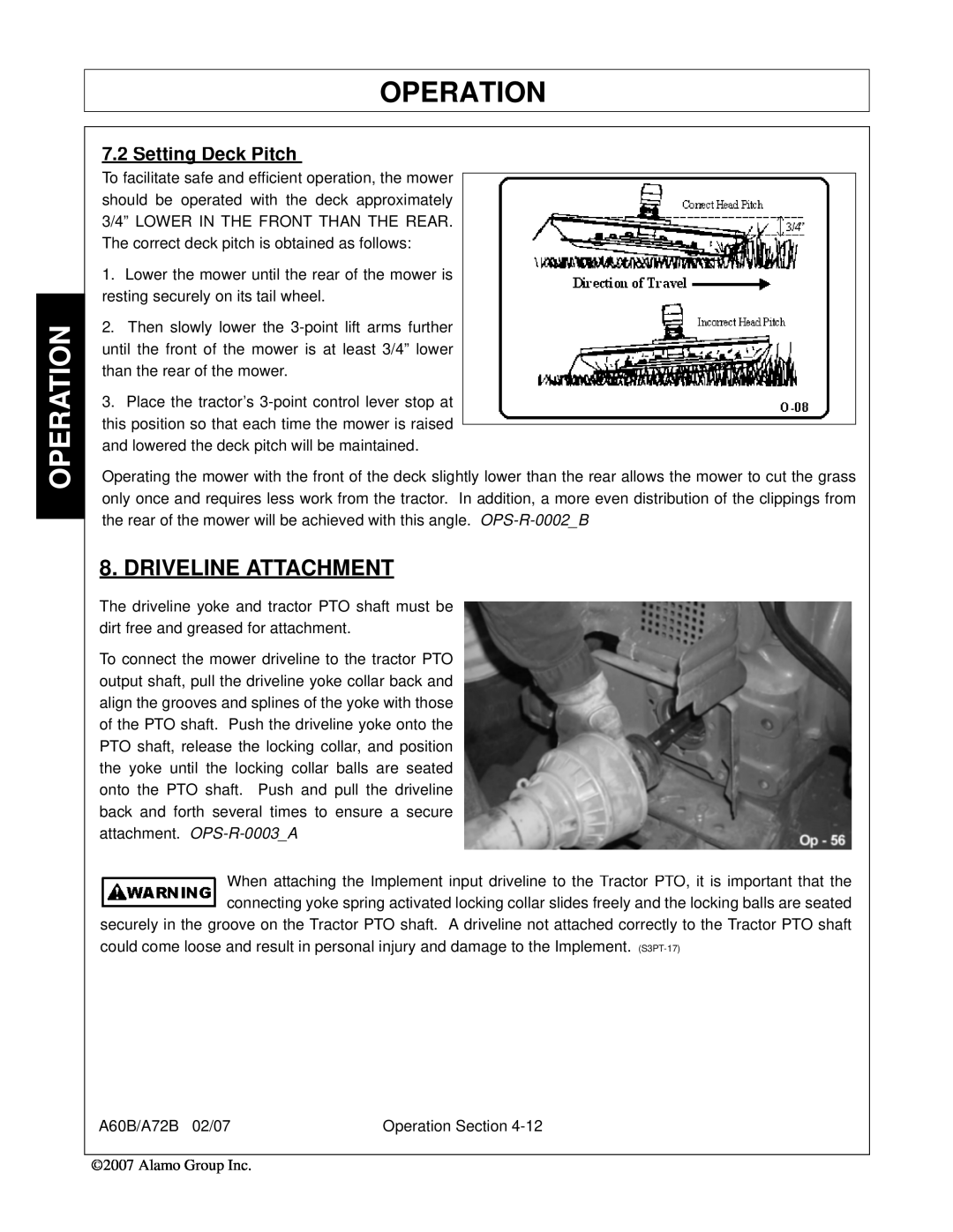 Alamo 00759354C, A60B, A72B manual Driveline Attachment, Setting Deck Pitch, Operation 