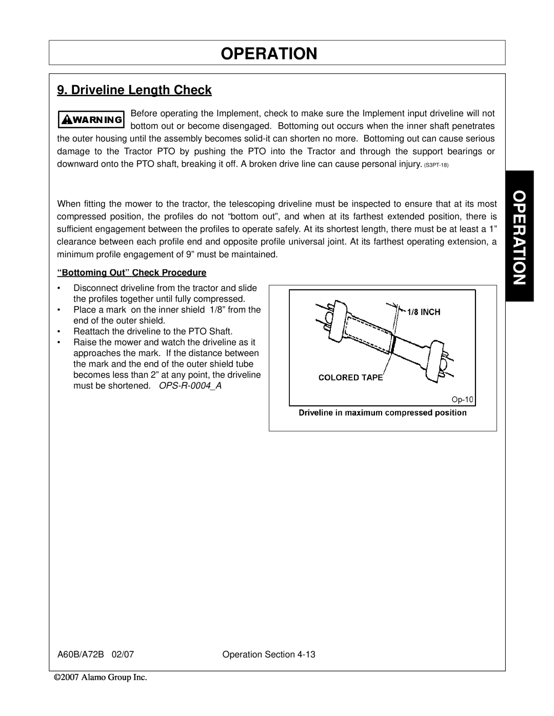 Alamo A60B, A72B, 00759354C manual Driveline Length Check, Operation, “Bottoming Out” Check Procedure 