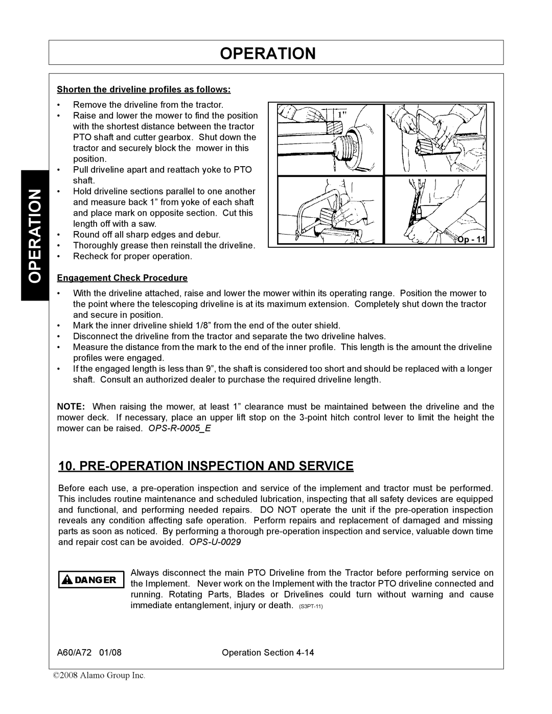 Alamo A72, A60 manual PRE-OPERATION Inspection and Service, Shorten the driveline profiles as follows 