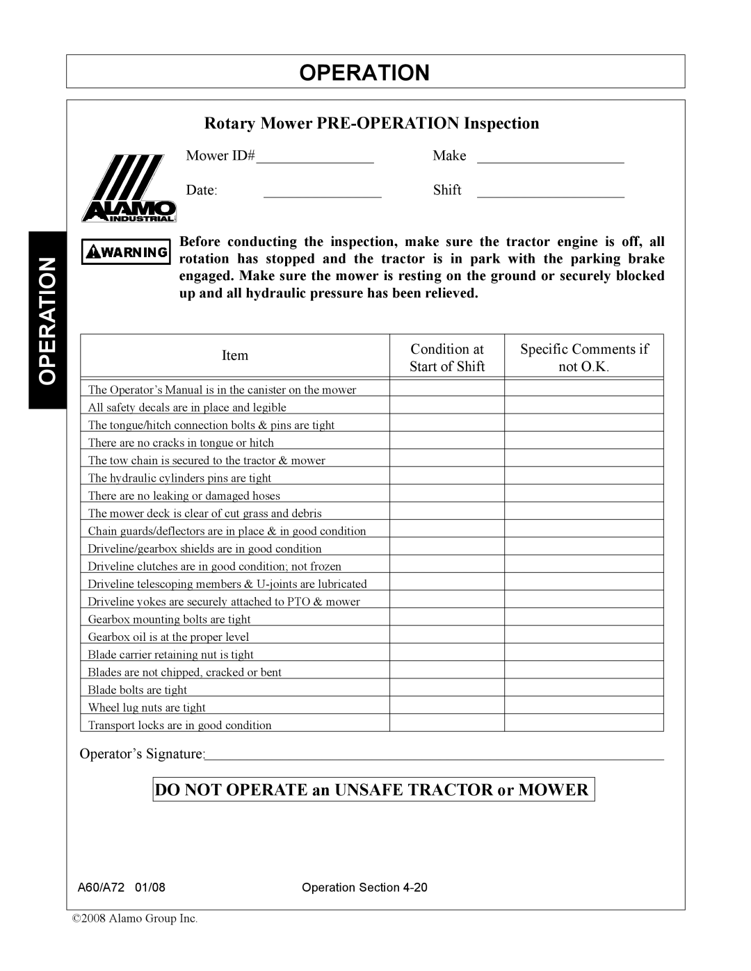 Alamo A72, A60 manual Do not Operate an Unsafe Tractor or Mower 