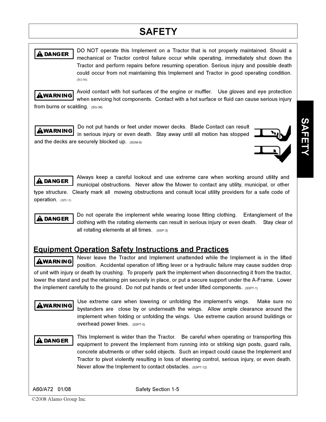 Alamo A60, A72 manual Equipment Operation Safety Instructions and Practices 