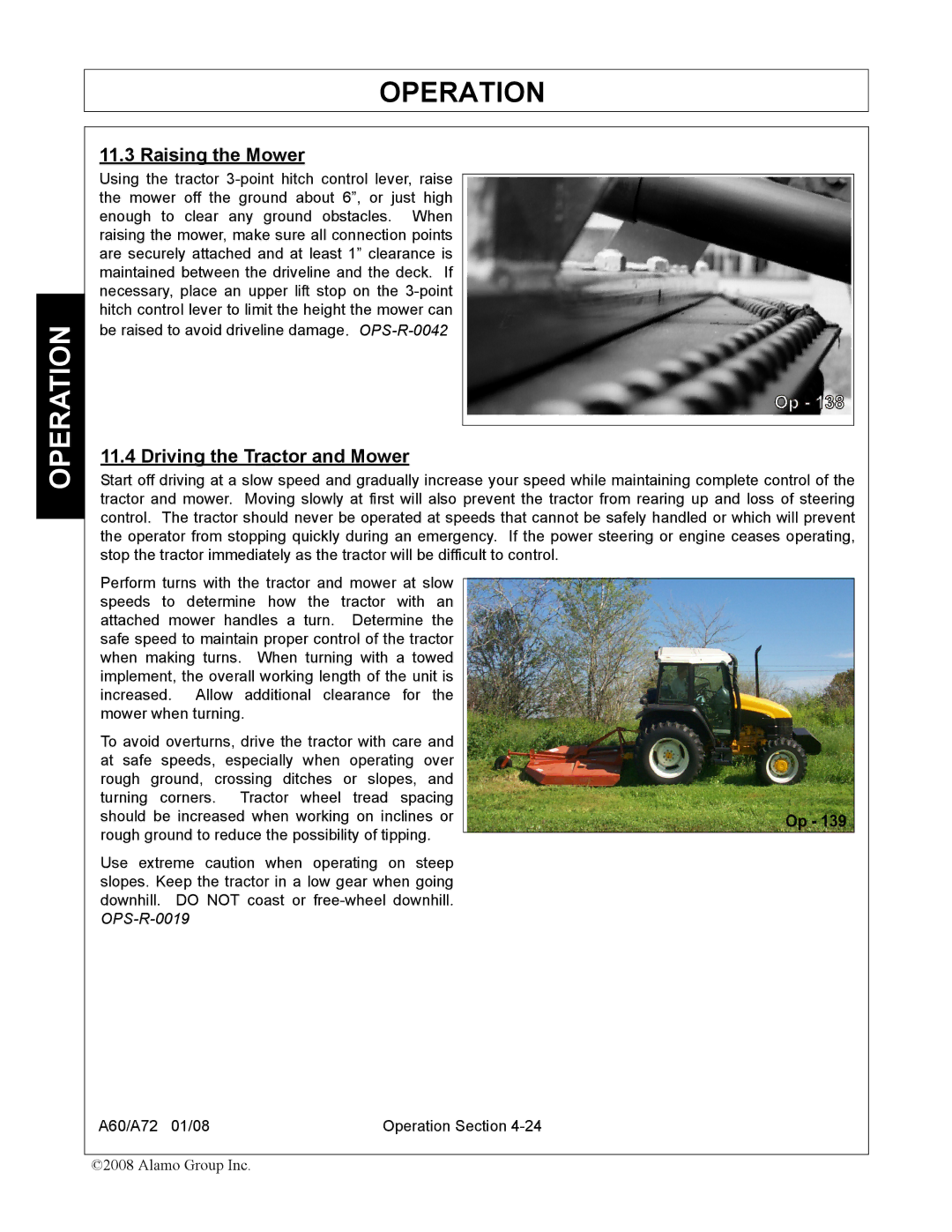 Alamo A72, A60 manual Raising the Mower, Driving the Tractor and Mower 