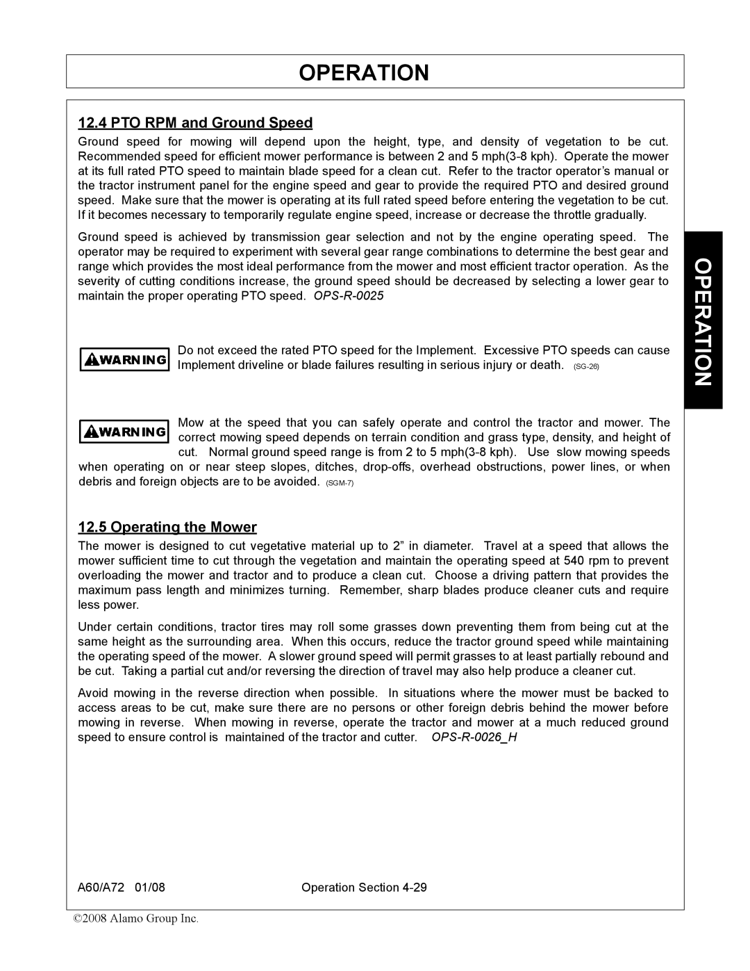 Alamo A60, A72 manual PTO RPM and Ground Speed, Operating the Mower 