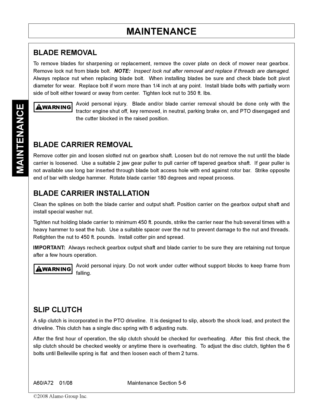 Alamo A72, A60 manual Blade Removal, Blade Carrier Removal, Blade Carrier Installation, Slip Clutch 