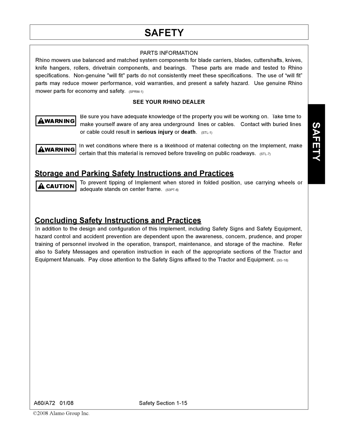 Alamo A60, A72 manual Storage and Parking Safety Instructions and Practices, Concluding Safety Instructions and Practices 