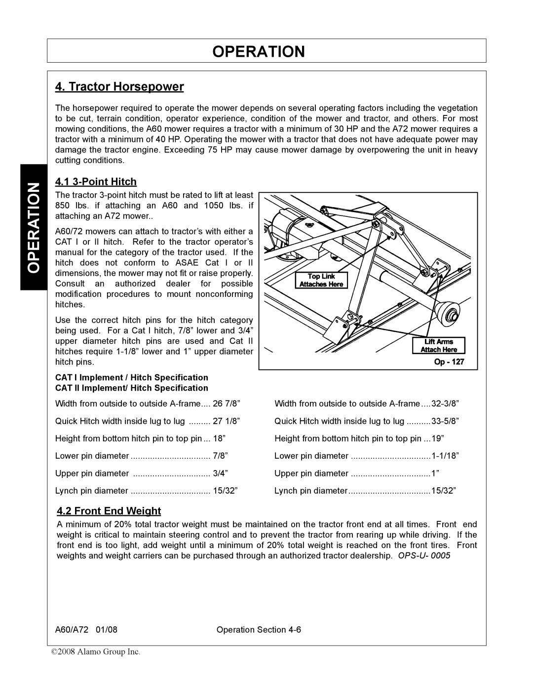 Alamo A72, A60 manual Tractor Horsepower, Point Hitch, Front End Weight 