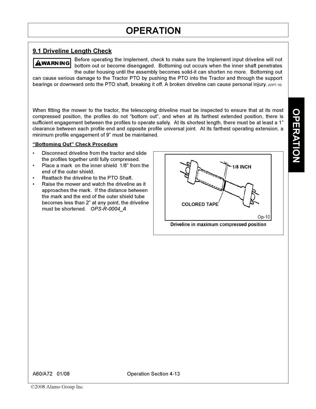 Alamo A60, A72 manual Driveline Length Check, Bottoming Out Check Procedure 