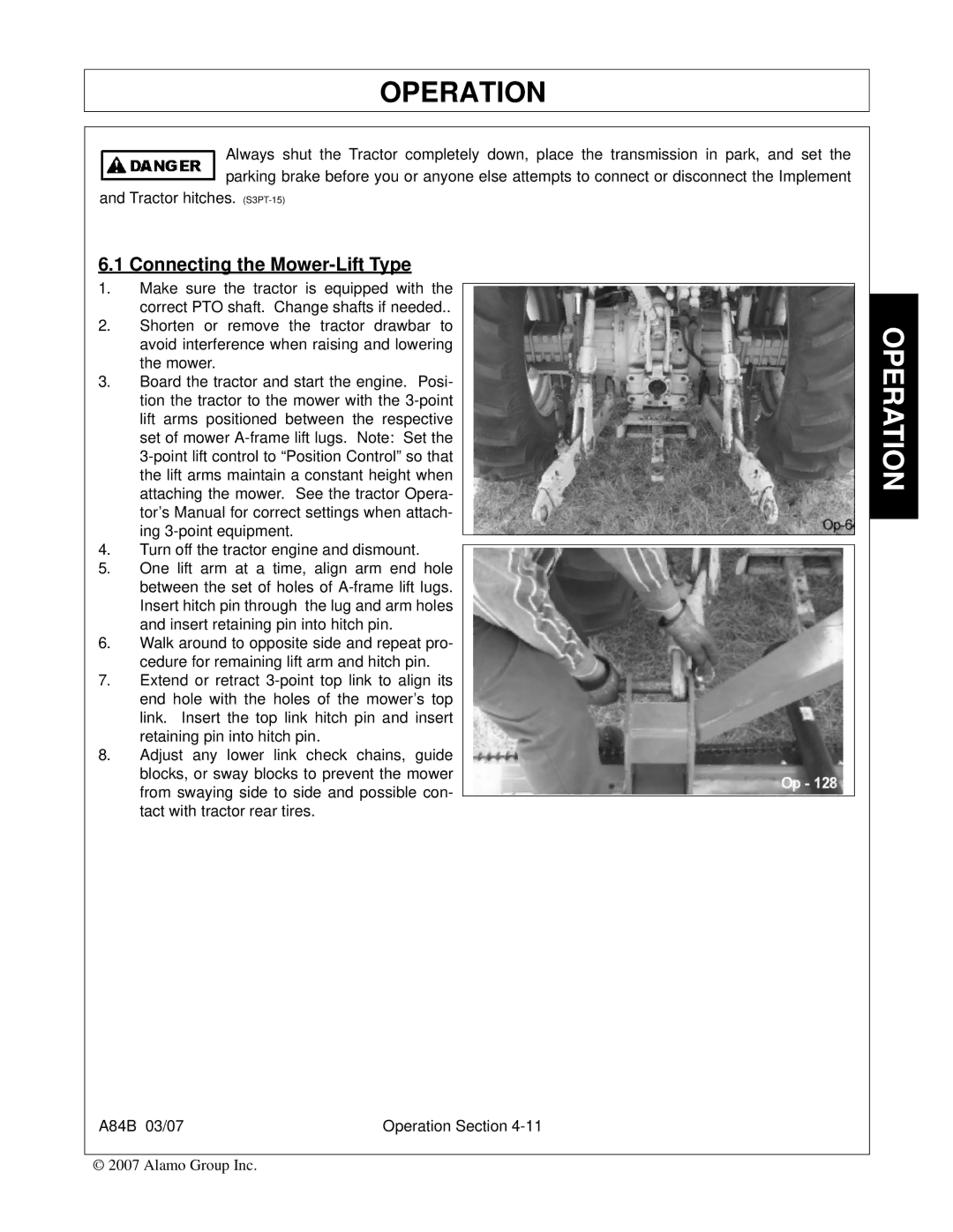 Alamo A84B manual Connecting the Mower-Lift Type 