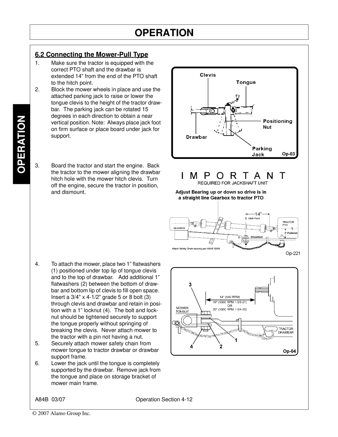 Alamo A84B manual Connecting the Mower-Pull Type 