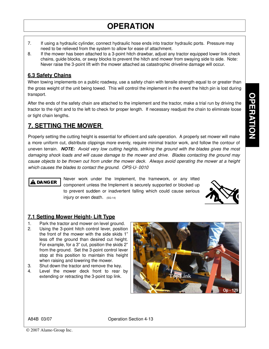 Alamo A84B manual Setting the Mower, Safety Chains, Setting Mower Height- Lift Type 