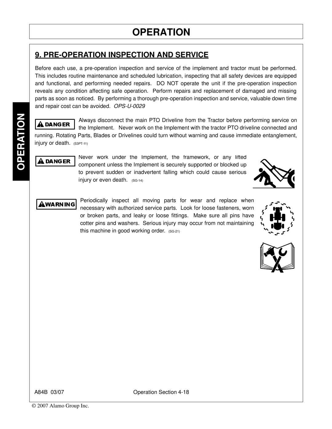 Alamo A84B manual PRE-OPERATION Inspection and Service 