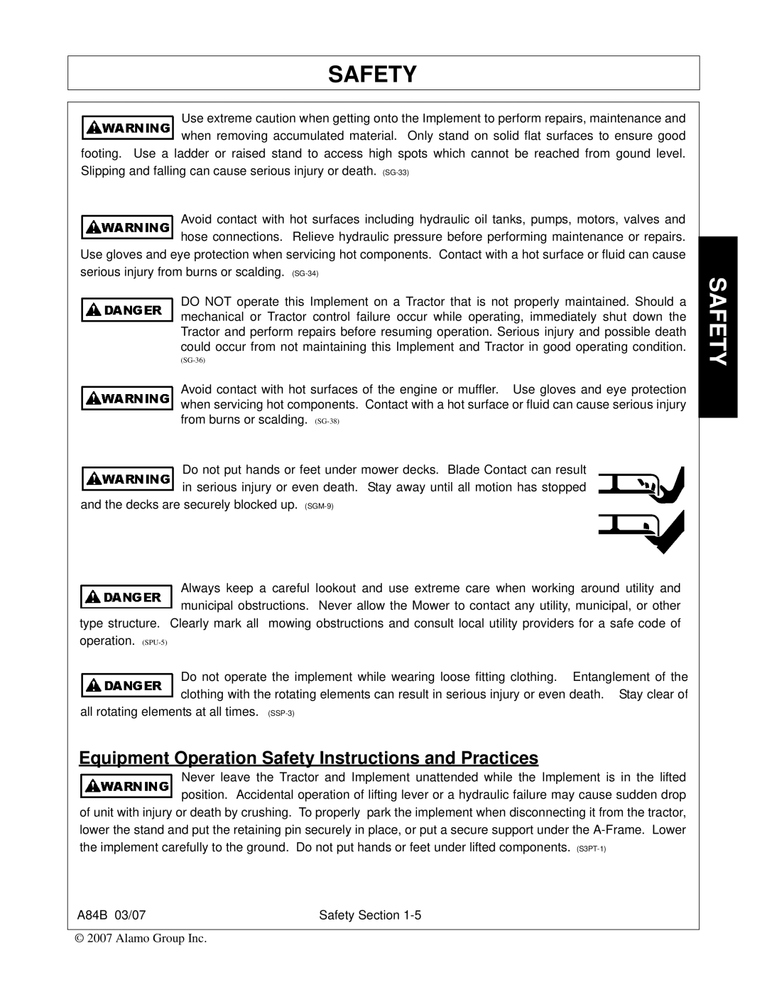 Alamo A84B manual Equipment Operation Safety Instructions and Practices 