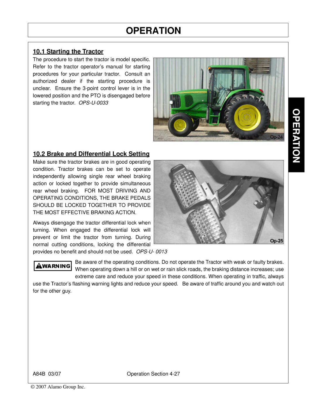 Alamo A84B manual Starting the Tractor, Brake and Differential Lock Setting 