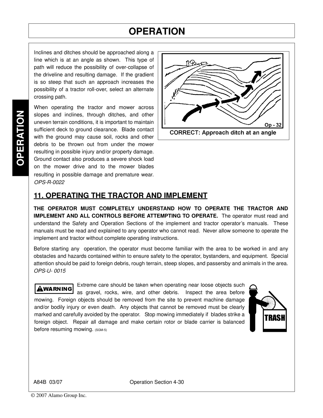 Alamo A84B manual Operating the Tractor and Implement 