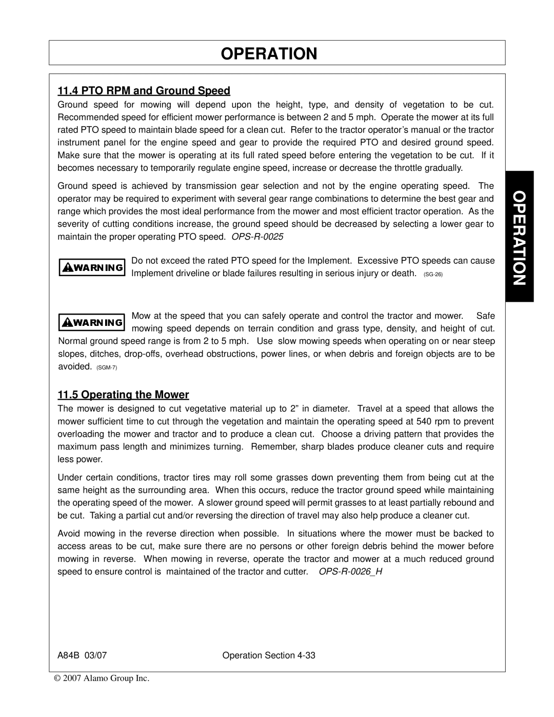 Alamo A84B manual PTO RPM and Ground Speed, Operating the Mower 