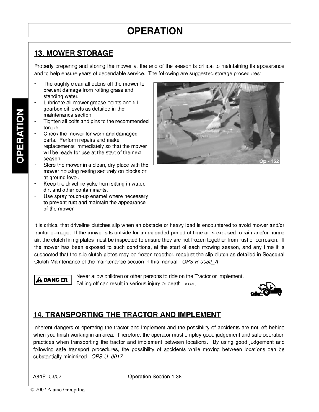 Alamo A84B manual Mower Storage, Transporting the Tractor and Implement 