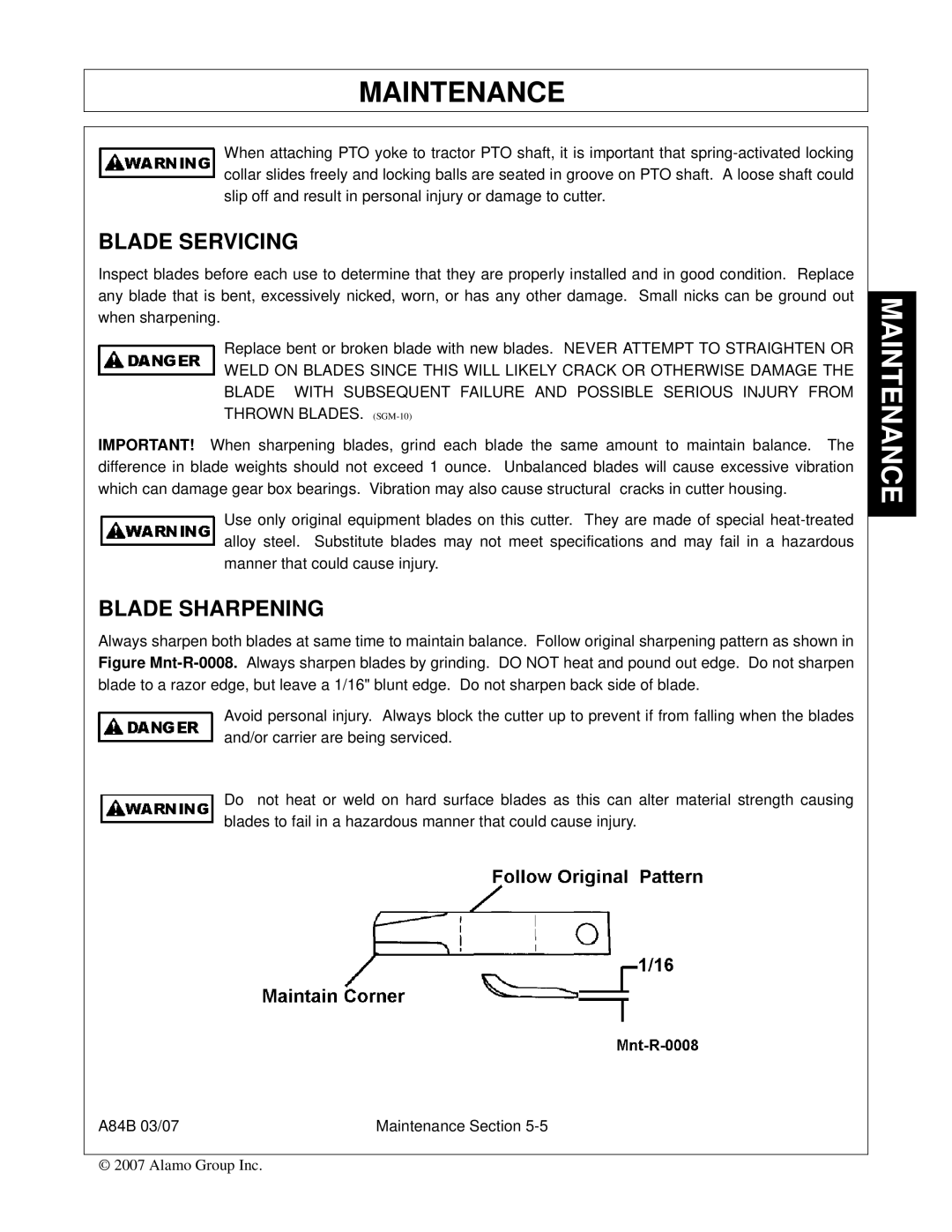 Alamo A84B manual Blade Servicing, Blade Sharpening 