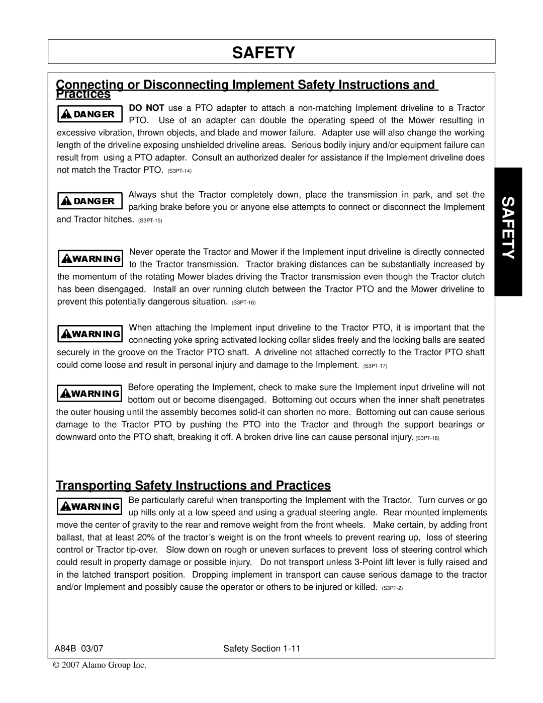 Alamo A84B manual Transporting Safety Instructions and Practices 