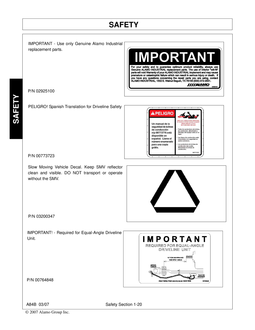 Alamo A84B manual Safety 