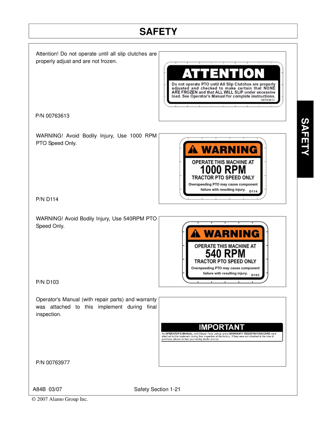 Alamo A84B manual Safety 