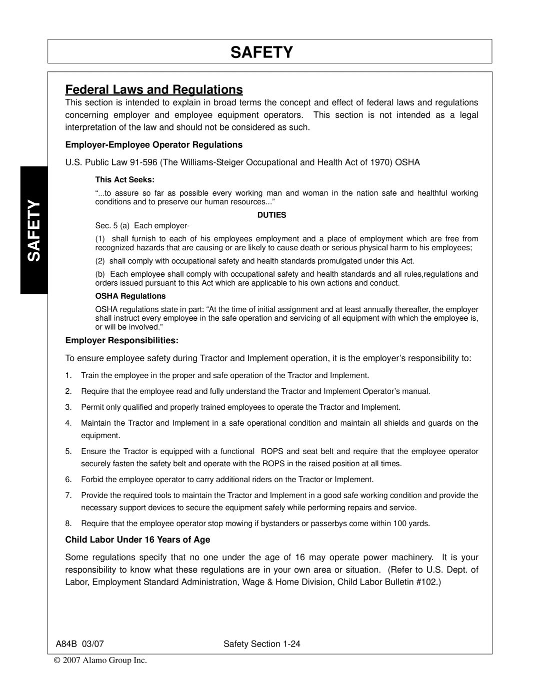 Alamo A84B manual Federal Laws and Regulations, Employer-Employee Operator Regulations 