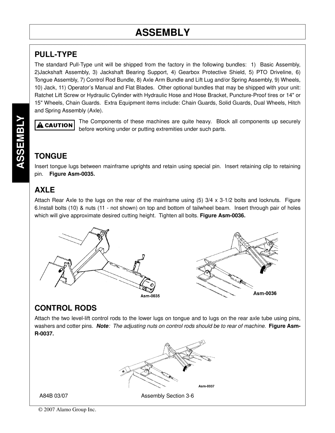 Alamo A84B manual Pull-Type, Tongue, Axle, Control Rods 