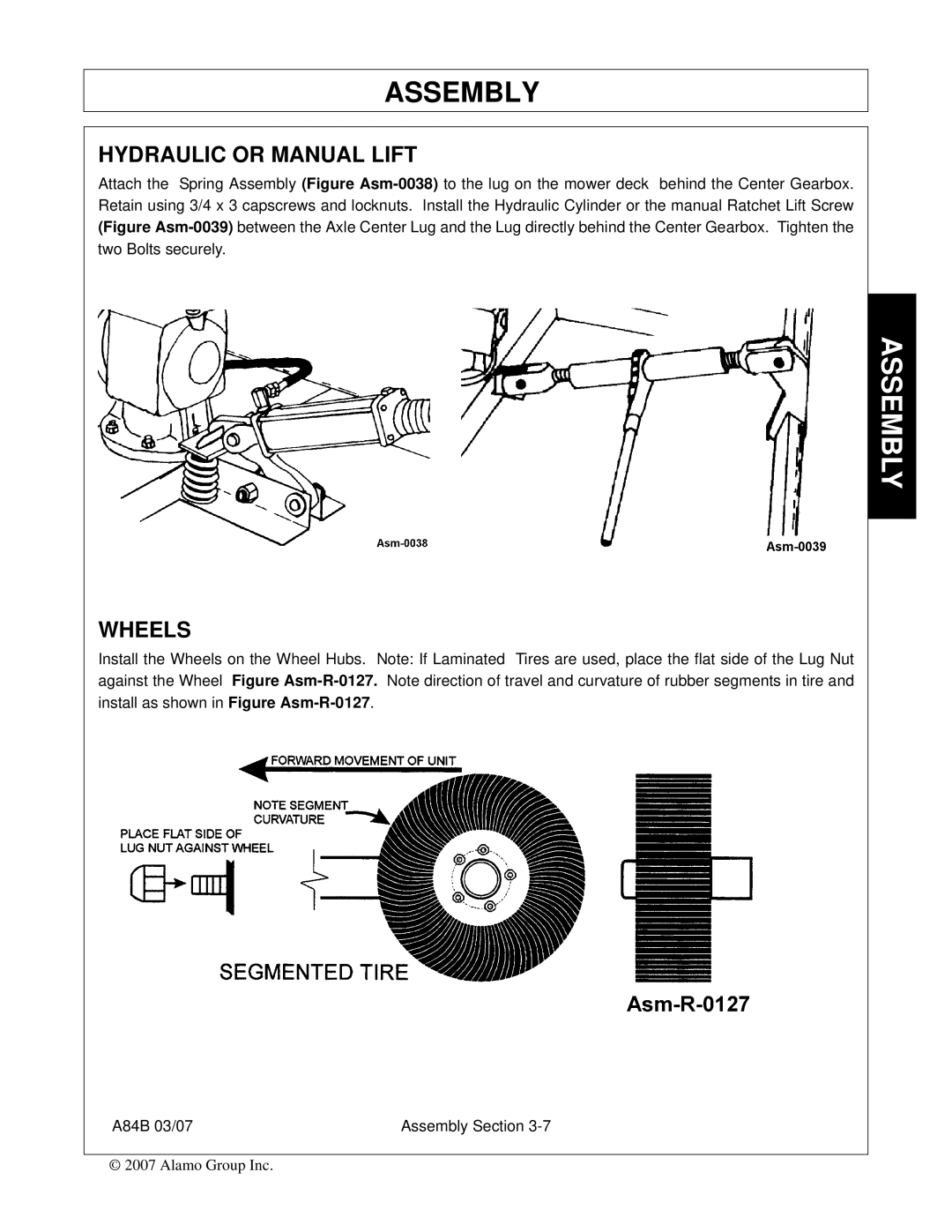 Alamo A84B manual Hydraulic or Manual Lift, Wheels 