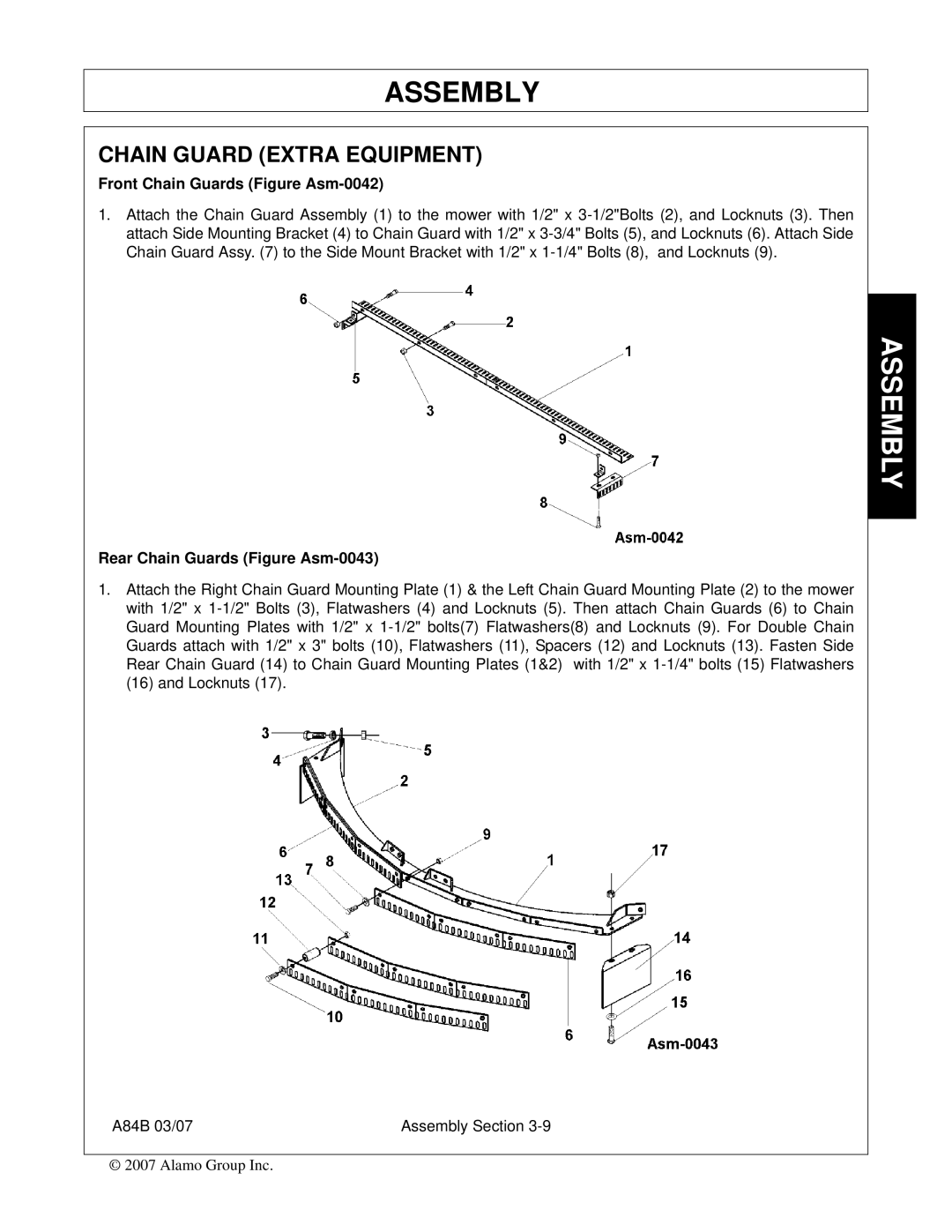 Alamo A84B manual Chain Guard Extra Equipment, Front Chain Guards Figure Asm-0042 