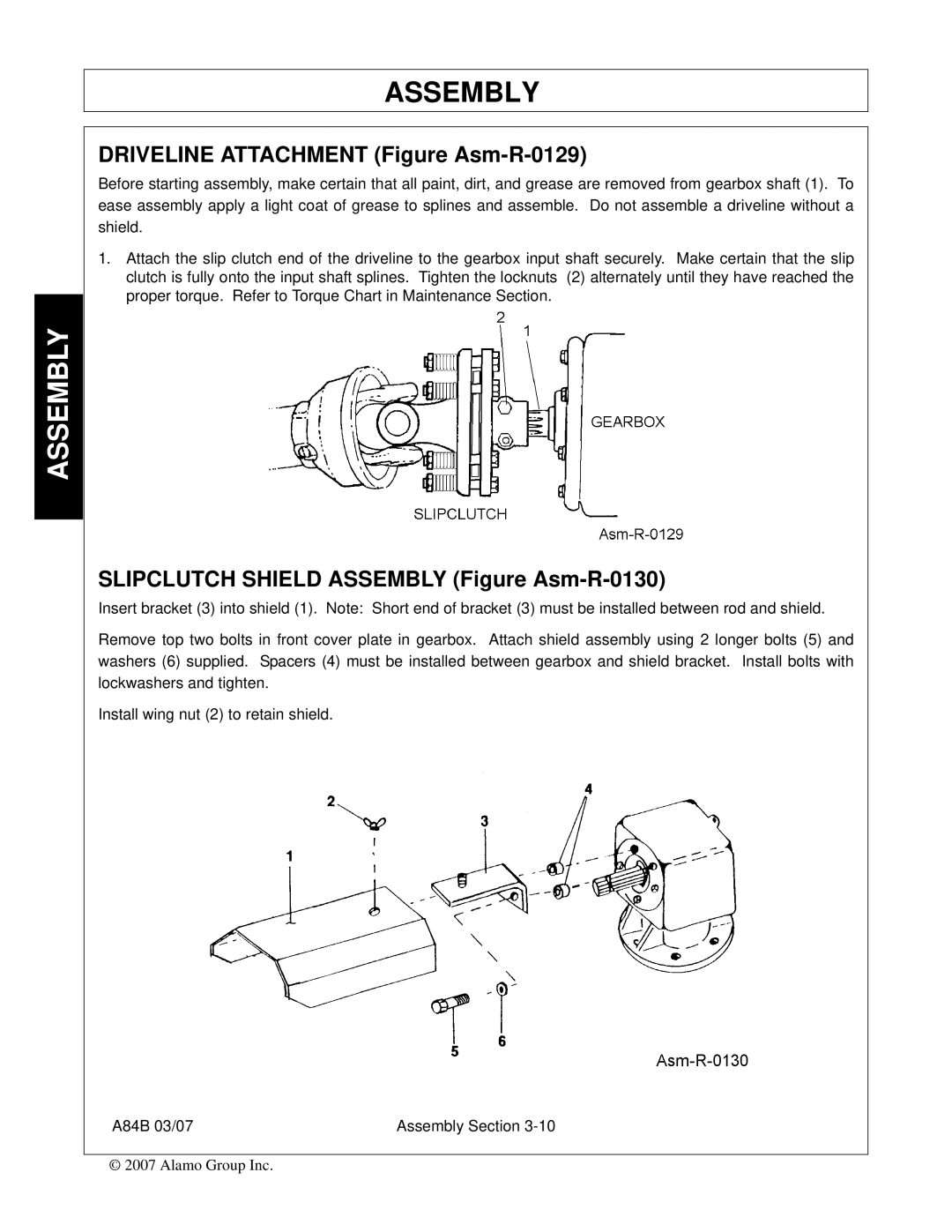 Alamo A84B manual Driveline Attachment Figure Asm-R-0129, Slipclutch Shield Assembly Figure Asm-R-0130 