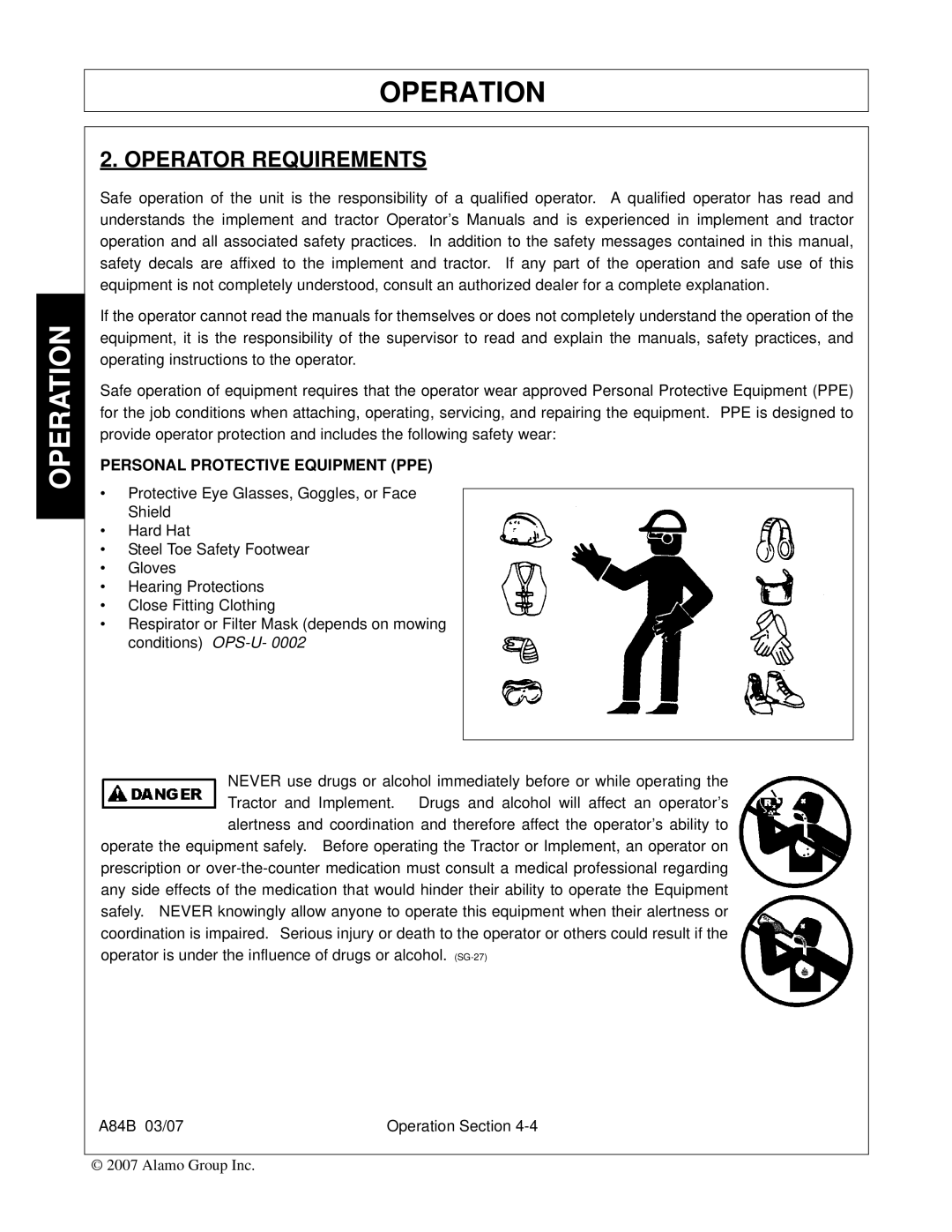 Alamo A84B manual Operator Requirements, Personal Protective Equipment PPE 