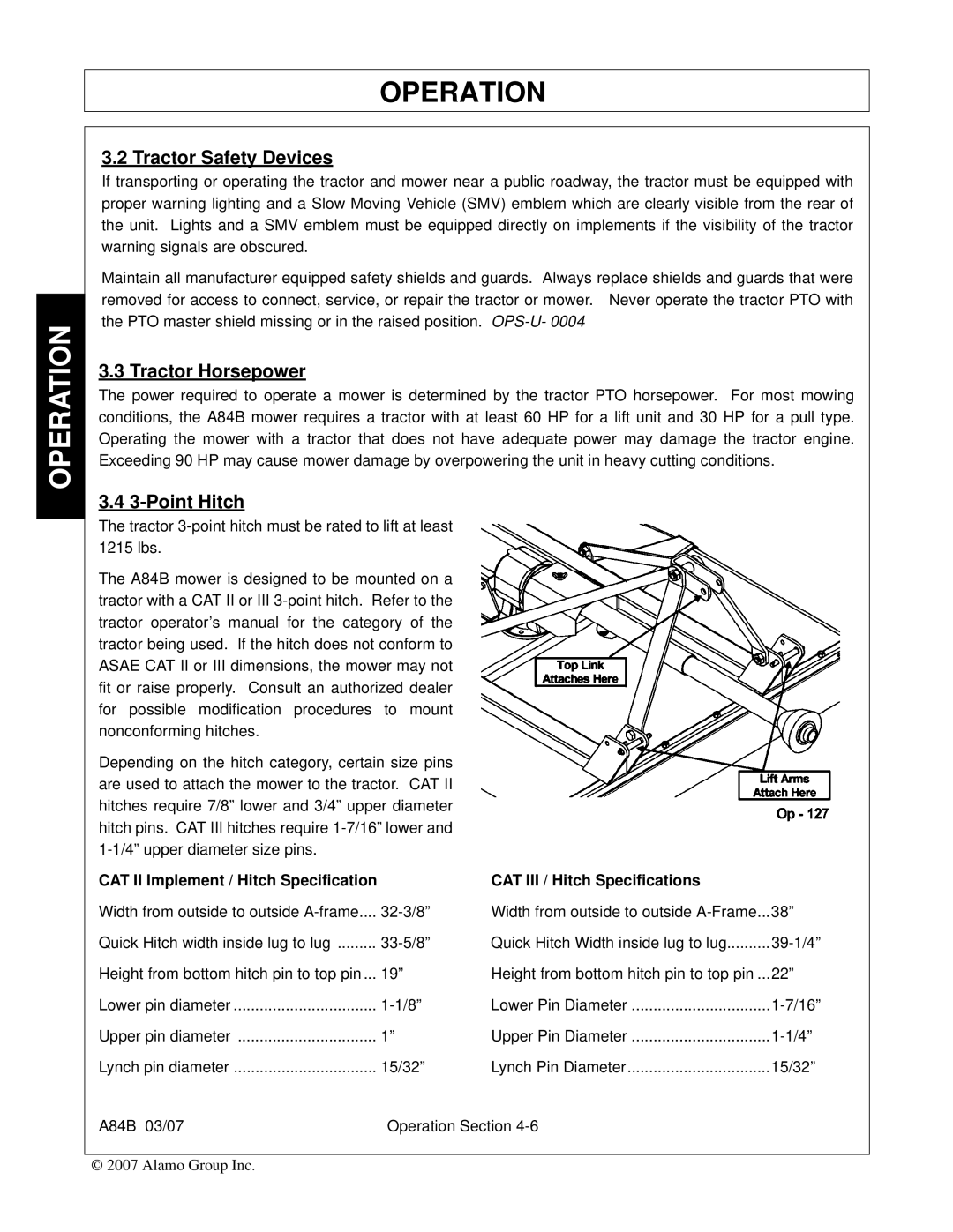 Alamo A84B manual Tractor Safety Devices, Tractor Horsepower, Point Hitch 