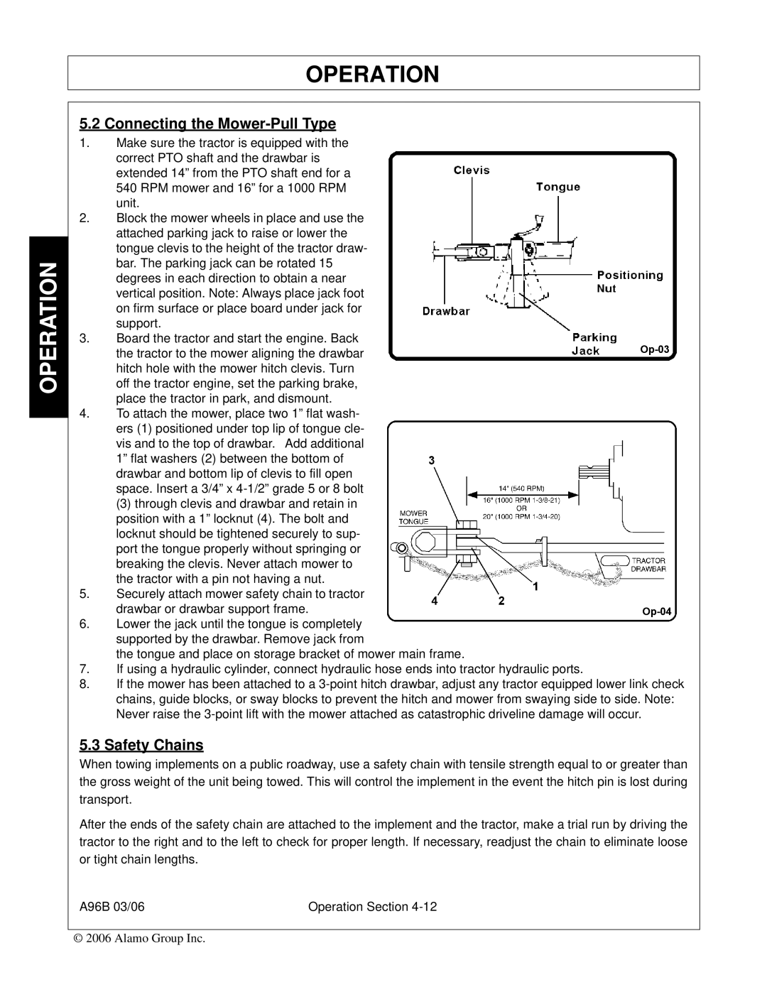 Alamo FC-0016, A96B, FC-0015, 00761808C manual Connecting the Mower-Pull Type, Safety Chains 