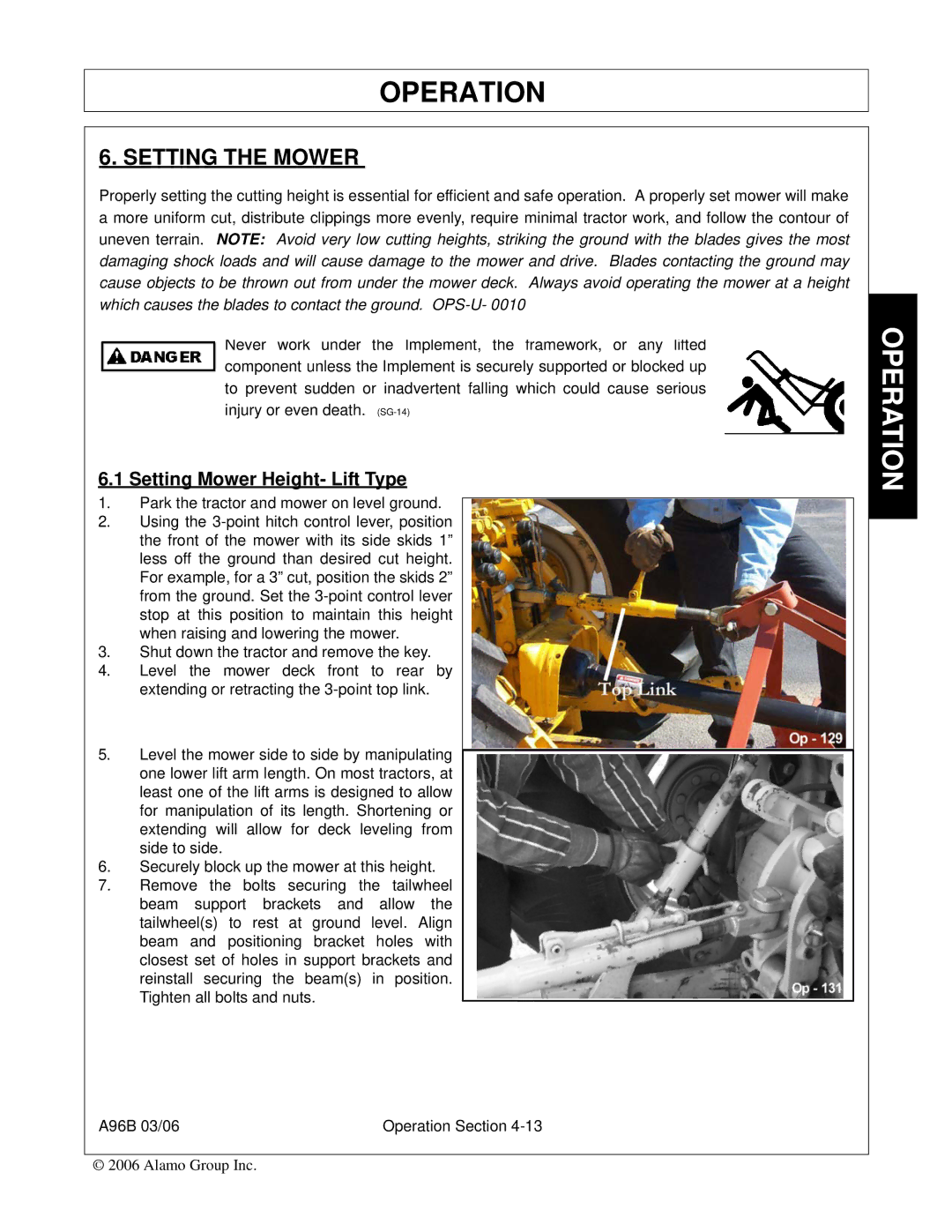 Alamo 00761808C, A96B, FC-0015, FC-0016 manual Setting the Mower, Setting Mower Height- Lift Type 