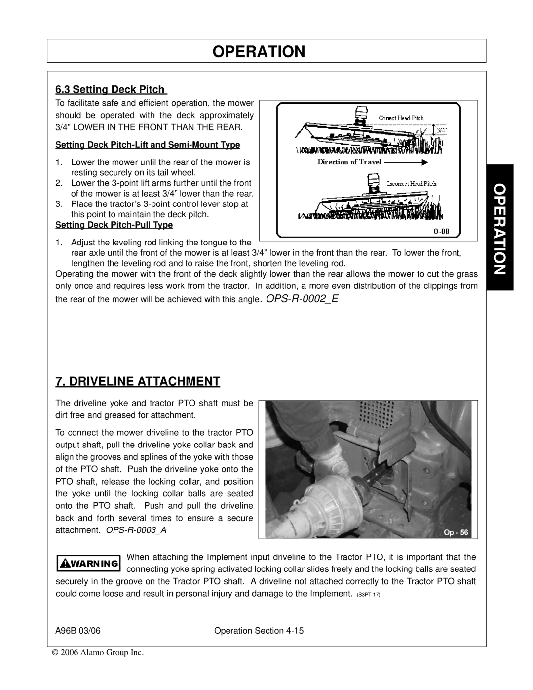 Alamo FC-0015, A96B, FC-0016, 00761808C manual Setting Deck Pitch-Lift and Semi-Mount Type 