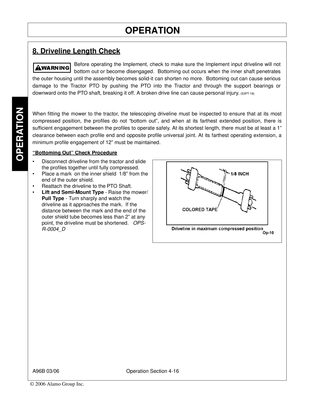 Alamo FC-0016, A96B, FC-0015, 00761808C manual Driveline Length Check, Bottoming Out Check Procedure 