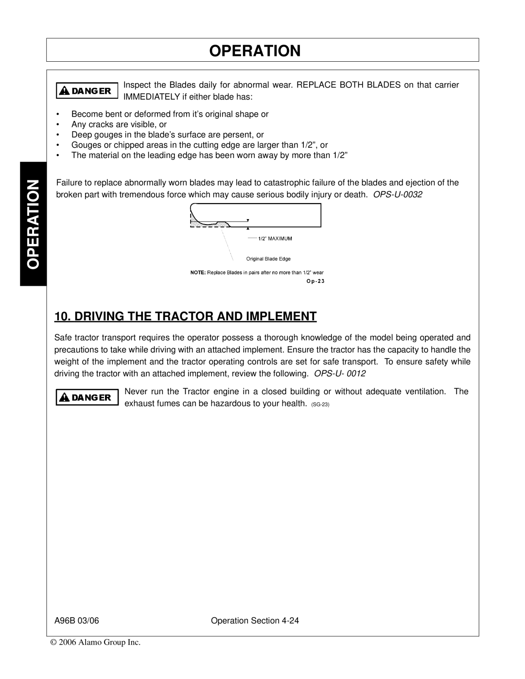 Alamo FC-0016, A96B, FC-0015, 00761808C manual Driving the Tractor and Implement 