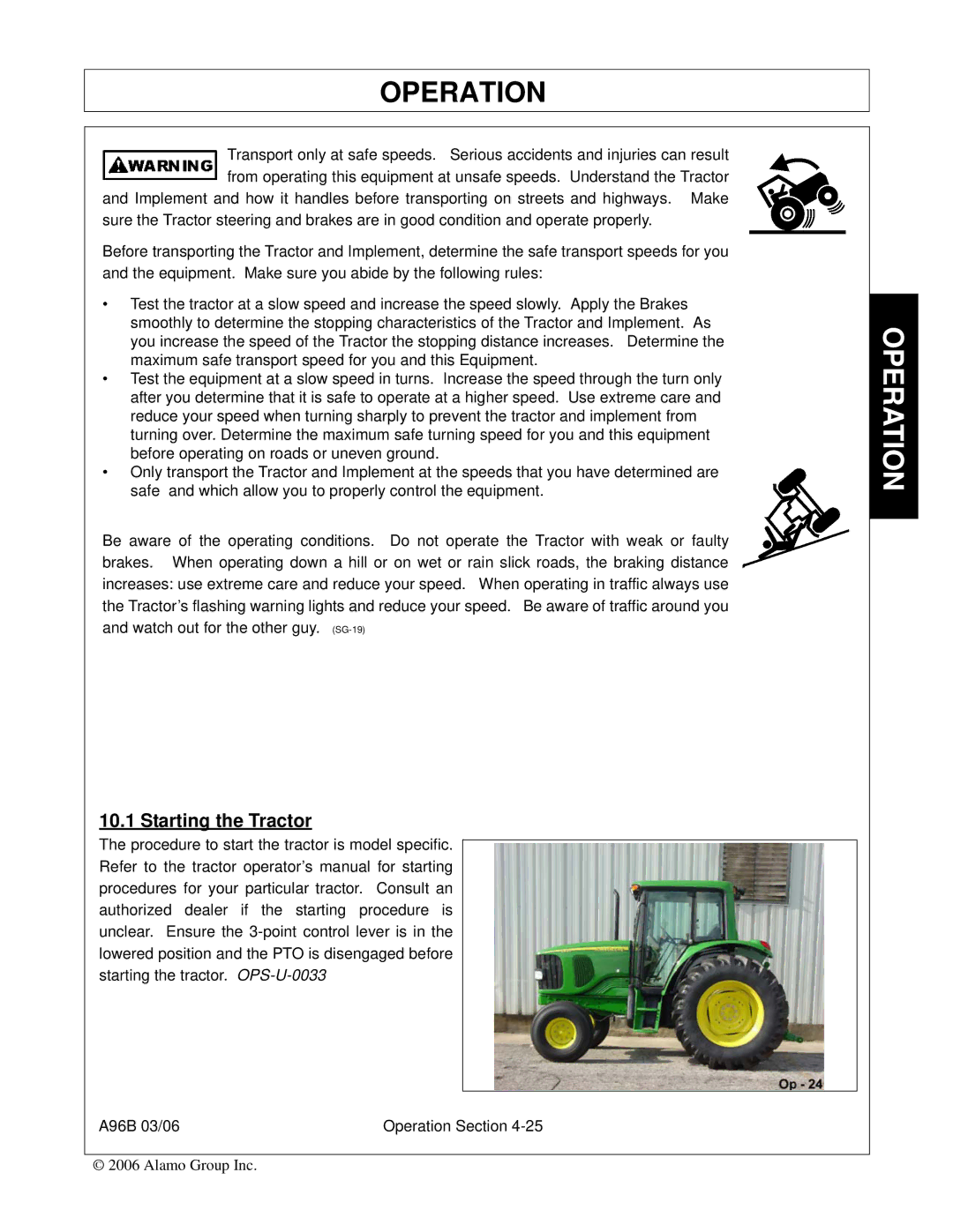 Alamo 00761808C, A96B, FC-0015, FC-0016 manual Starting the Tractor 