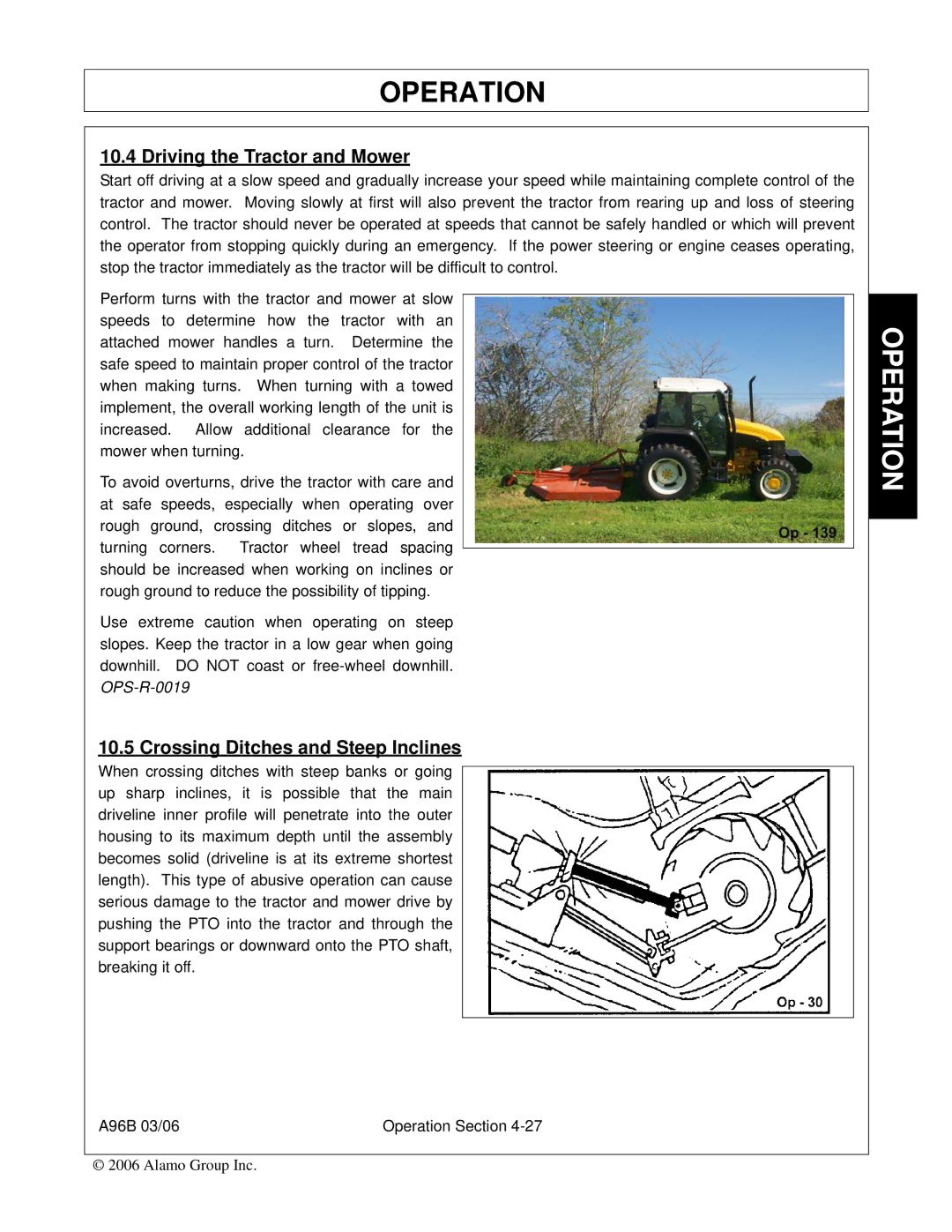 Alamo FC-0015, A96B, FC-0016, 00761808C manual Driving the Tractor and Mower, Crossing Ditches and Steep Inclines 