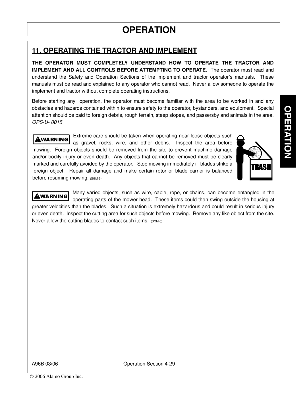 Alamo 00761808C, A96B, FC-0015, FC-0016 manual Operating the Tractor and Implement 