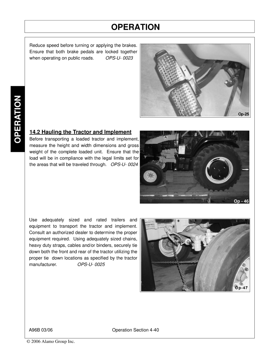 Alamo FC-0016, A96B, FC-0015, 00761808C manual Hauling the Tractor and Implement 