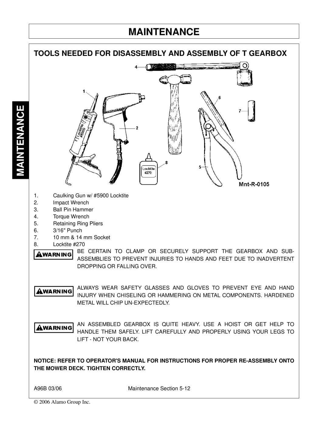 Alamo FC-0016, A96B, FC-0015, 00761808C manual Tools Needed for Disassembly and Assembly of T Gearbox 