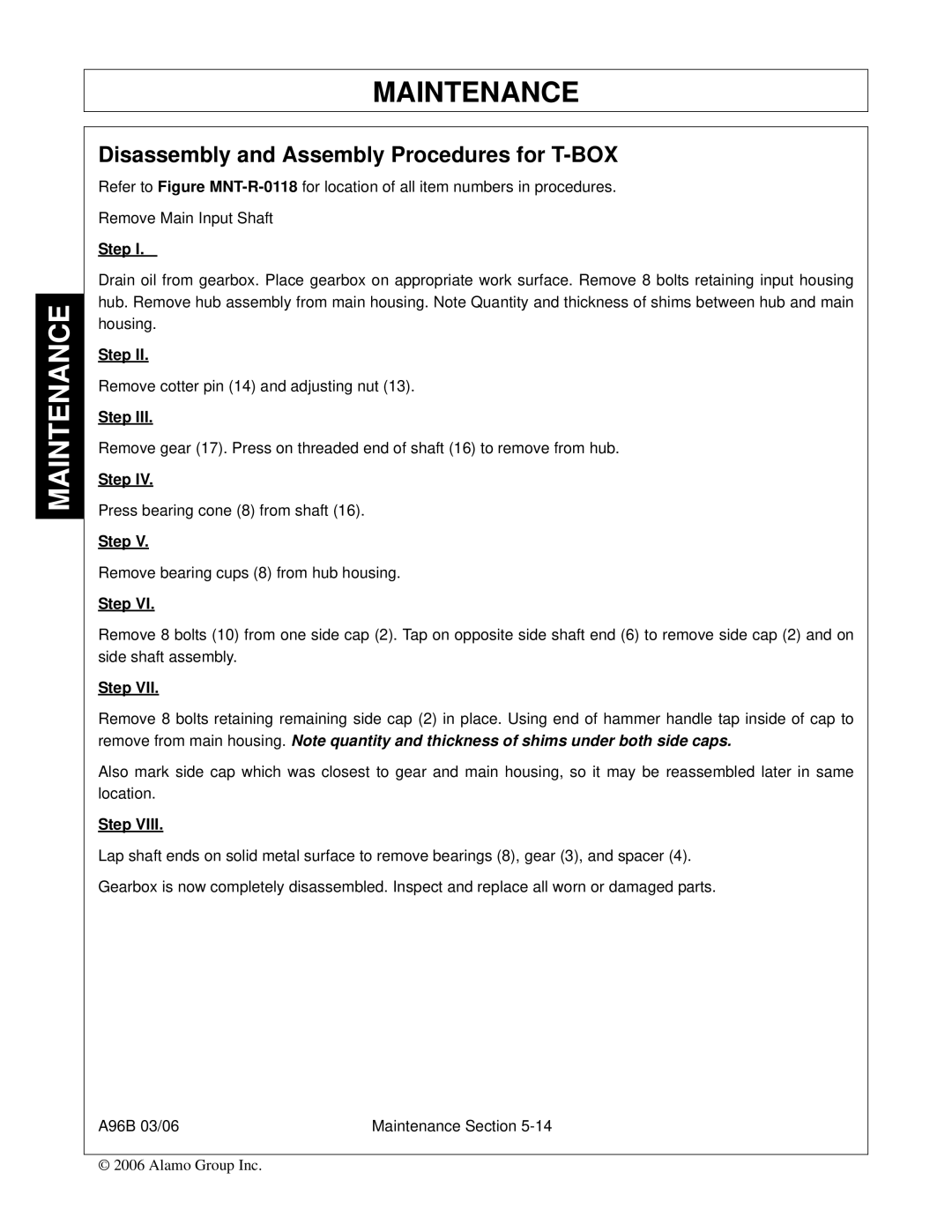 Alamo A96B, FC-0015, FC-0016, 00761808C manual Disassembly and Assembly Procedures for T-BOX, Step 