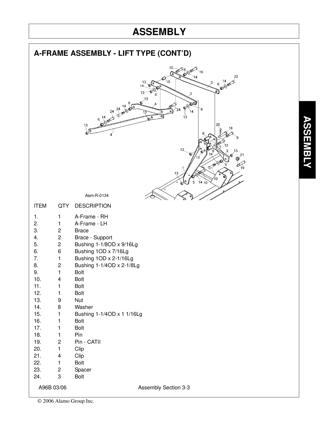 Alamo 00761808C, A96B, FC-0015, FC-0016 manual Frame Assembly Lift Type CONT’D, QTY Description 