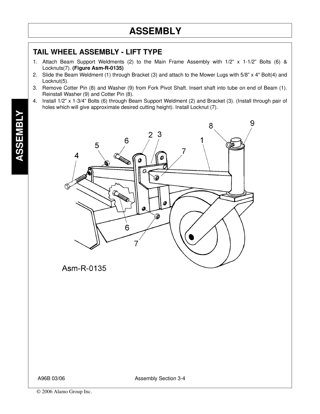 Alamo A96B, FC-0015, FC-0016, 00761808C manual Tail Wheel Assembly Lift Type 