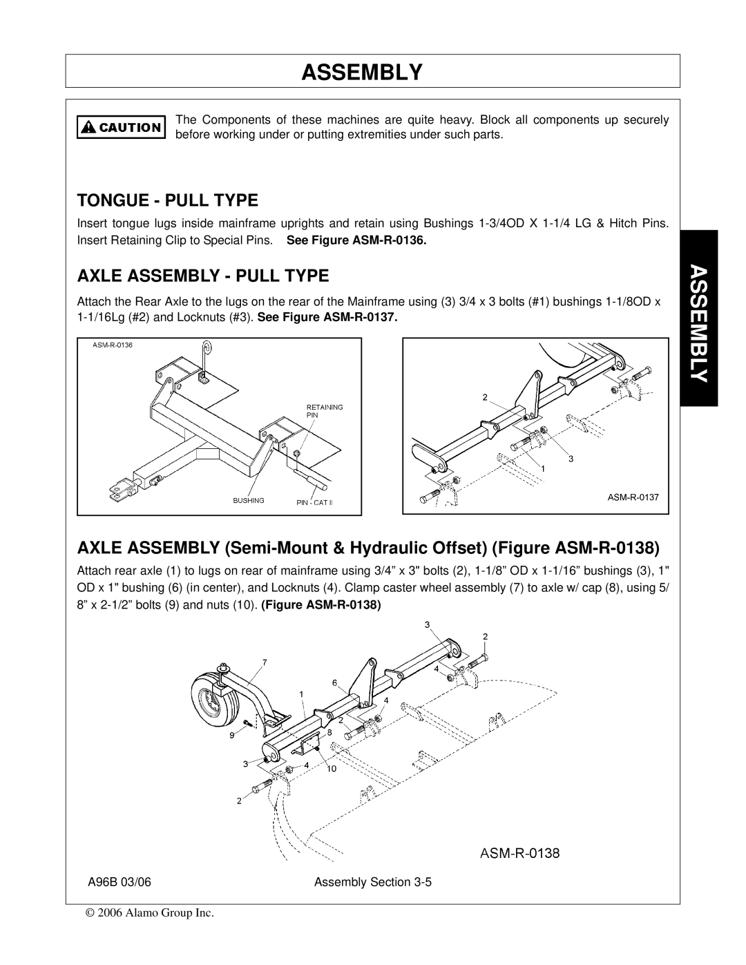 Alamo FC-0015, A96B, FC-0016, 00761808C manual Tongue Pull Type, Axle Assembly Pull Type 